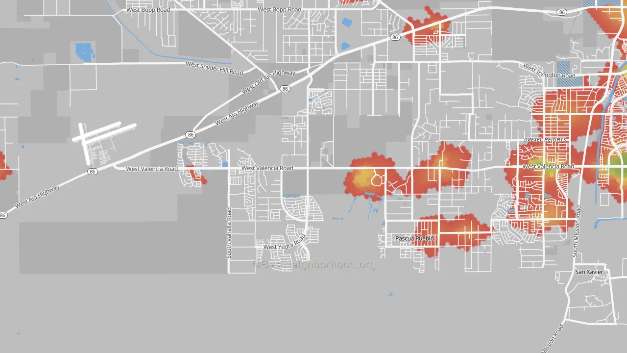 Walk Grade map of 85757, AZ, walkable areas in green and car-dependent areas in red