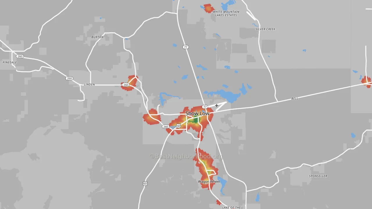 Walk Grade map of 85901, AZ, walkable areas in green and car-dependent areas in red
