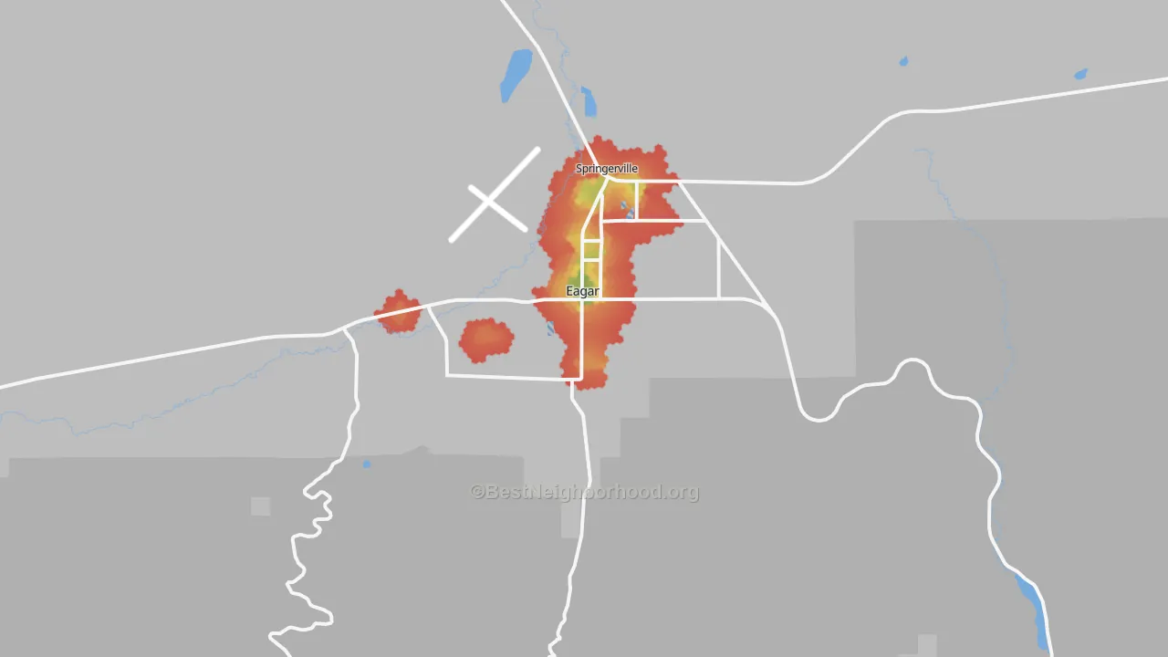 Walk Grade map of 85925, AZ, walkable areas in green and car-dependent areas in red