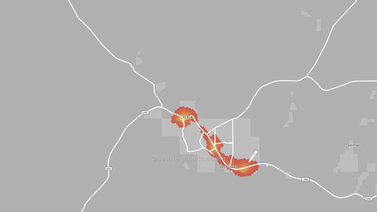 Walk Grade map of 85928, AZ, walkable areas in green and car-dependent areas in red