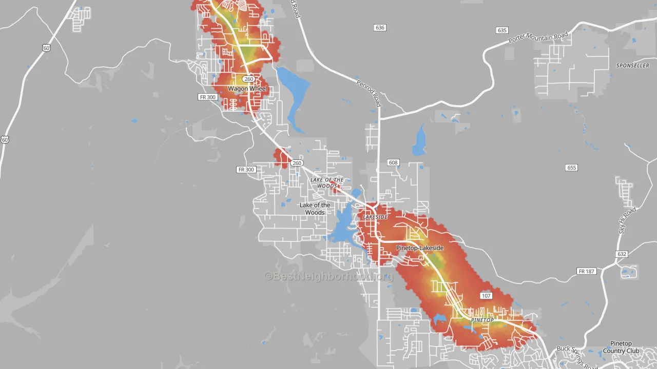 Walk Grade map of 85929, AZ, walkable areas in green and car-dependent areas in red