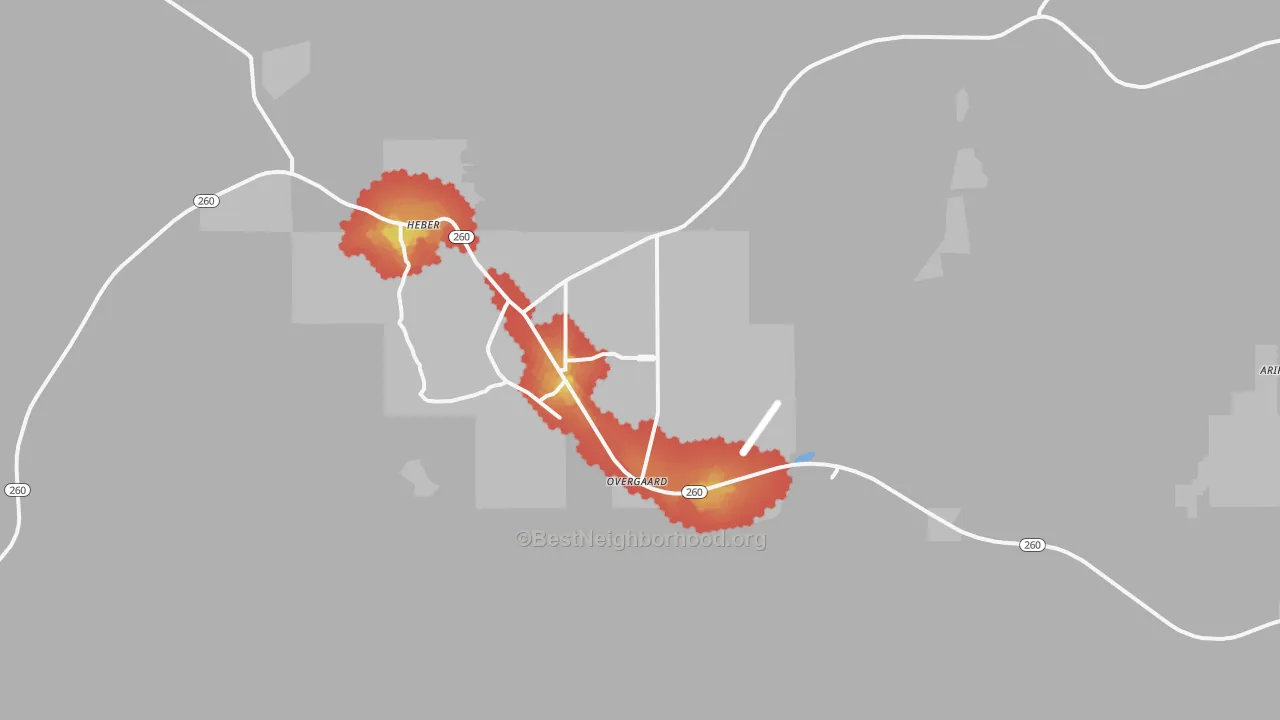 Walk Grade map of 85933, AZ, walkable areas in green and car-dependent areas in red