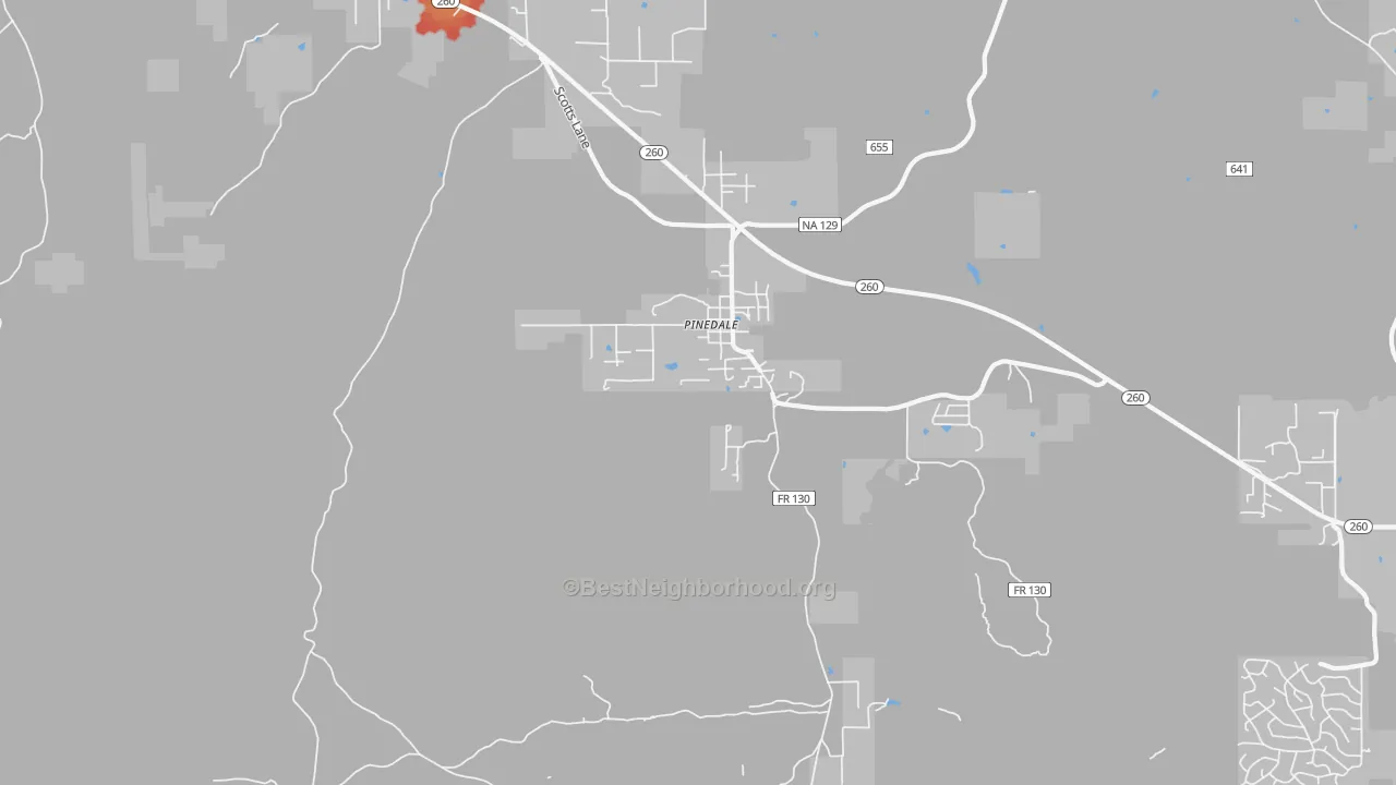 Walk Grade map of 85934, AZ, walkable areas in green and car-dependent areas in red