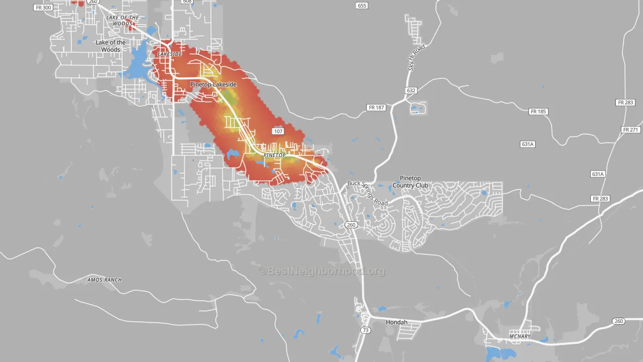 Walk Grade map of 85935, AZ, walkable areas in green and car-dependent areas in red