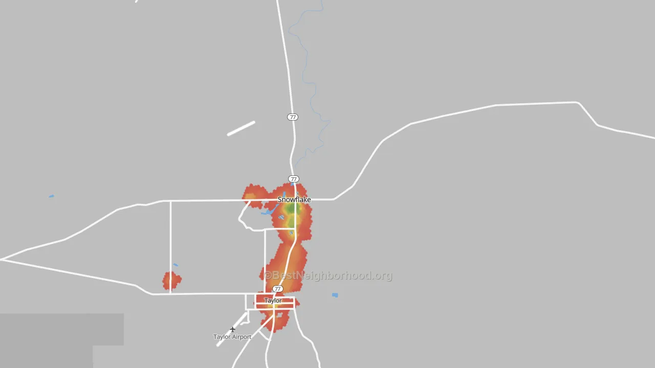 Walk Grade map of 85937, AZ, walkable areas in green and car-dependent areas in red