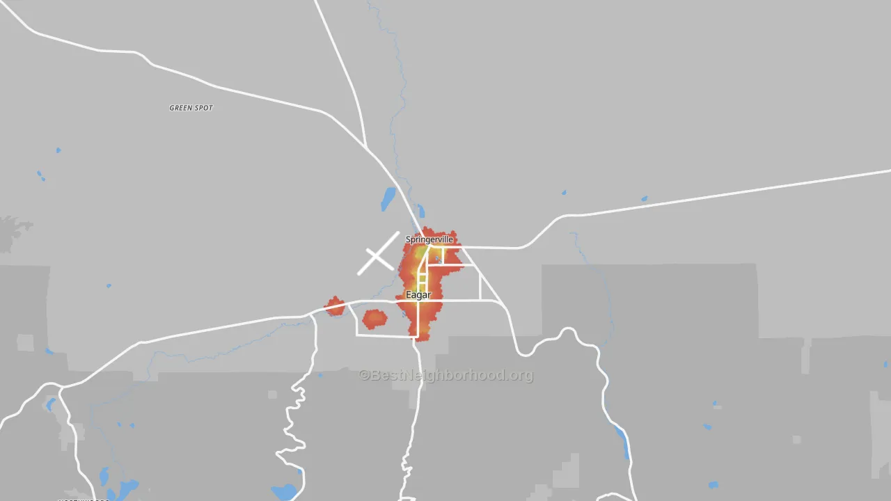 Walk Grade map of 85938, AZ, walkable areas in green and car-dependent areas in red