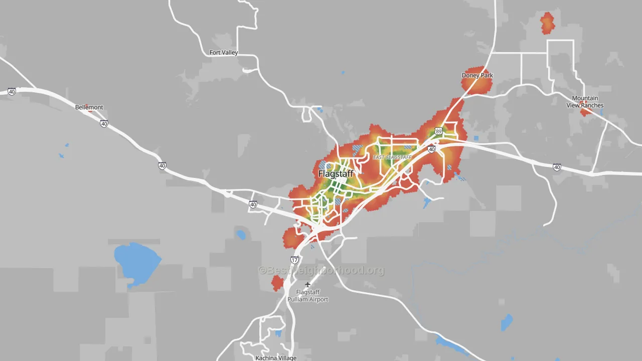 Walk Grade map of 86001, AZ, walkable areas in green and car-dependent areas in red