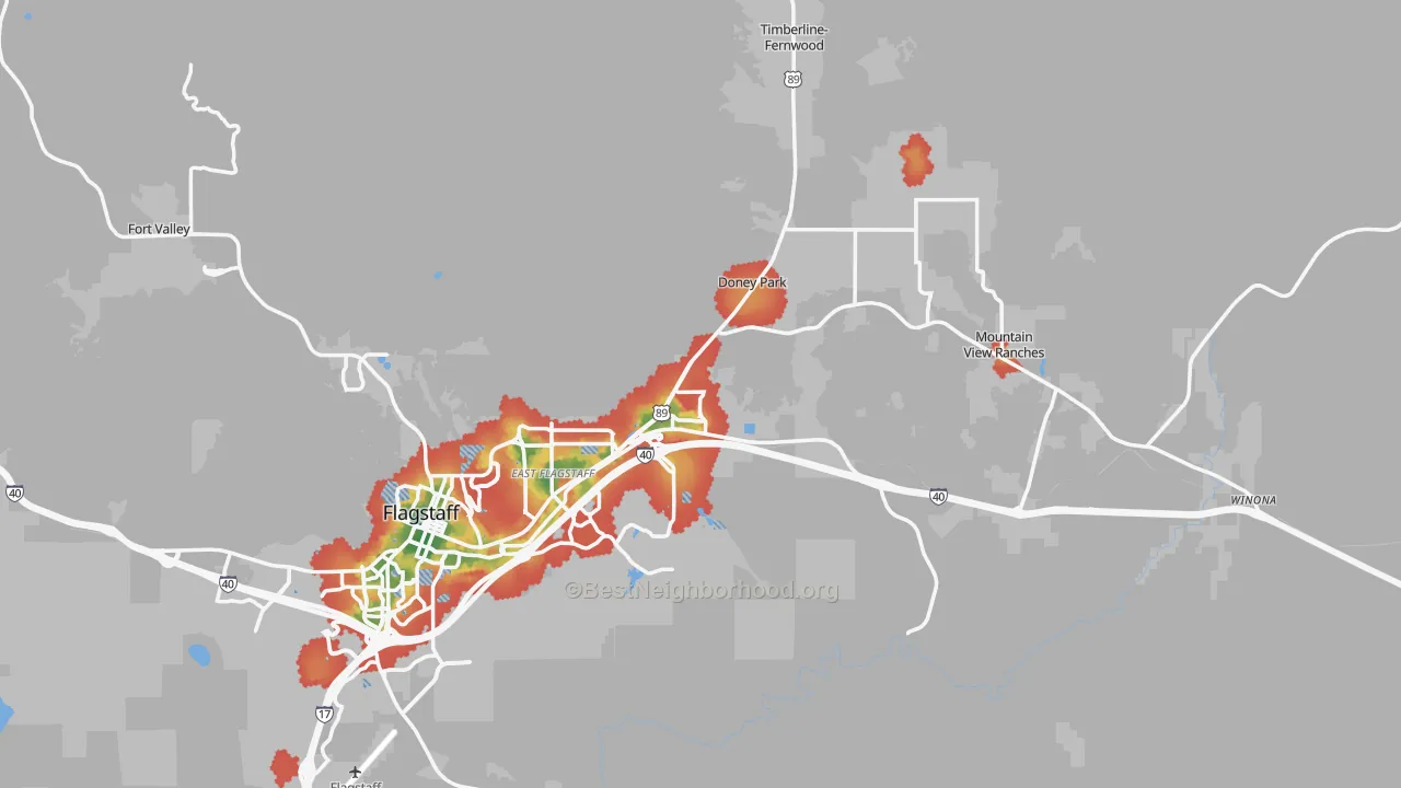 Walk Grade map of 86004, AZ, walkable areas in green and car-dependent areas in red