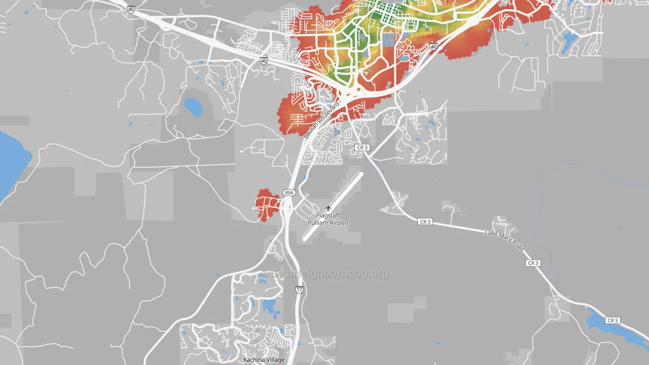 Walk Grade map of 86005, AZ, walkable areas in green and car-dependent areas in red