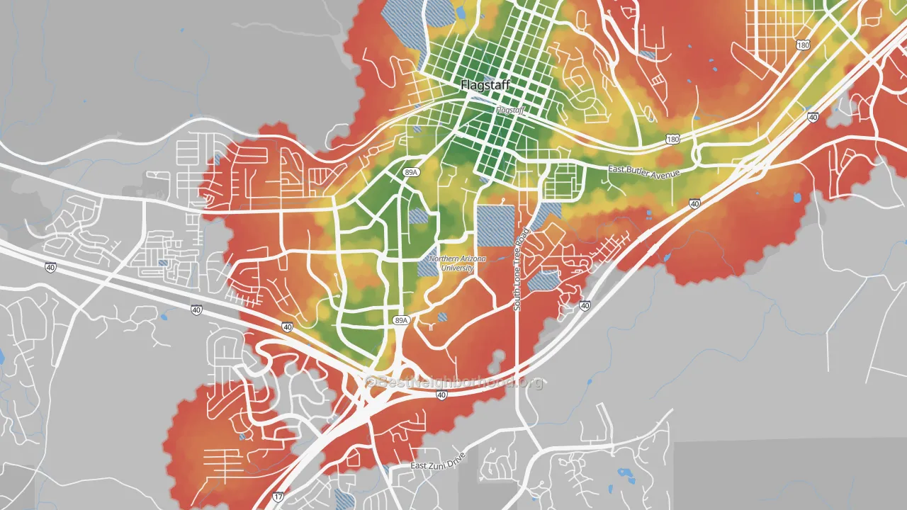 Walk Grade map of 86011, AZ, walkable areas in green and car-dependent areas in red