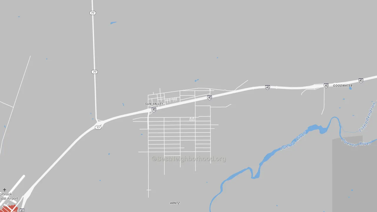 Walk Grade map of 86029, AZ, walkable areas in green and car-dependent areas in red