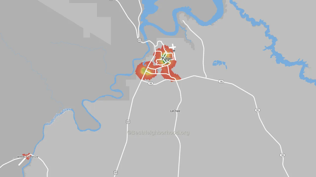 Walk Grade map of 86040, AZ, walkable areas in green and car-dependent areas in red