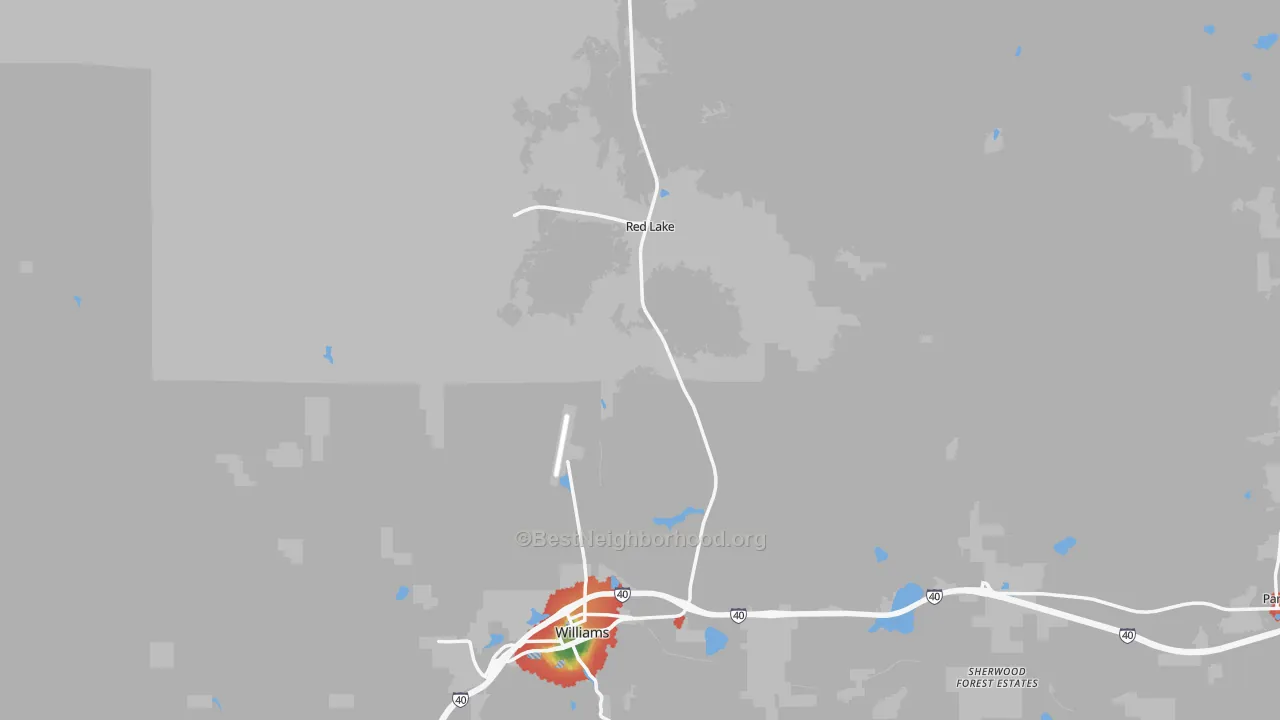 Walk Grade map of 86046, AZ, walkable areas in green and car-dependent areas in red