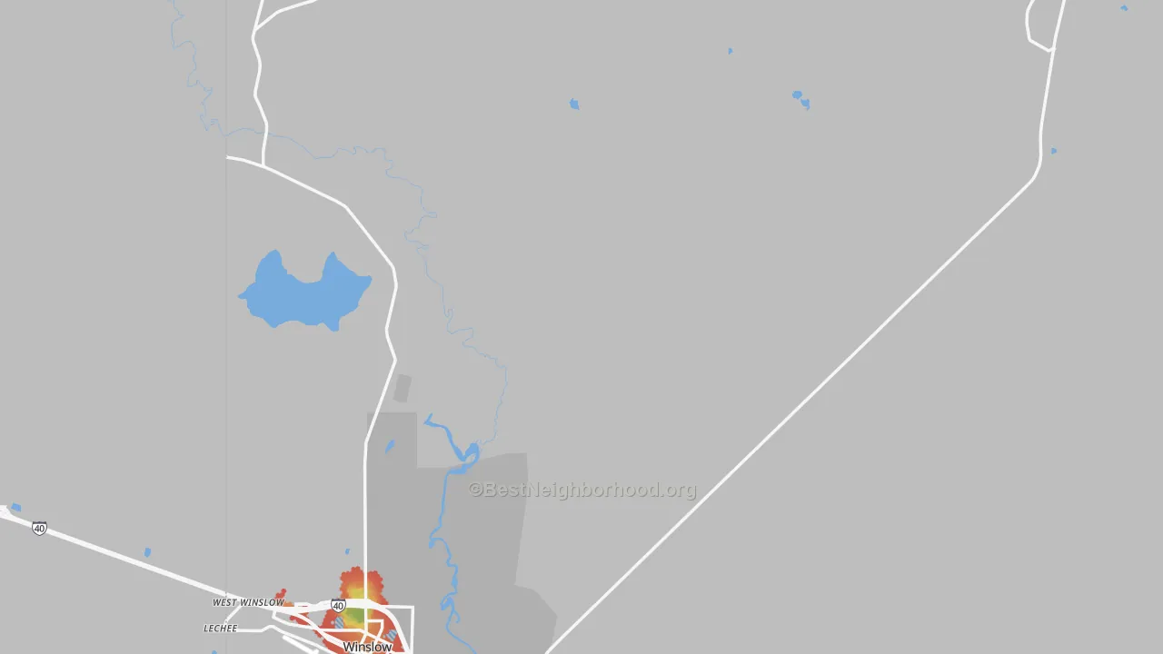 Walk Grade map of 86047, AZ, walkable areas in green and car-dependent areas in red