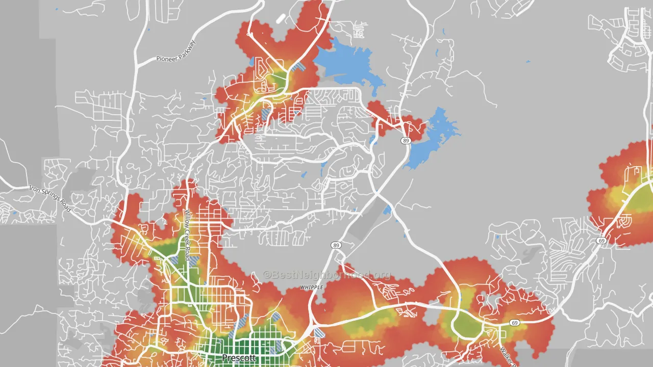 Walk Grade map of 86301, AZ, walkable areas in green and car-dependent areas in red