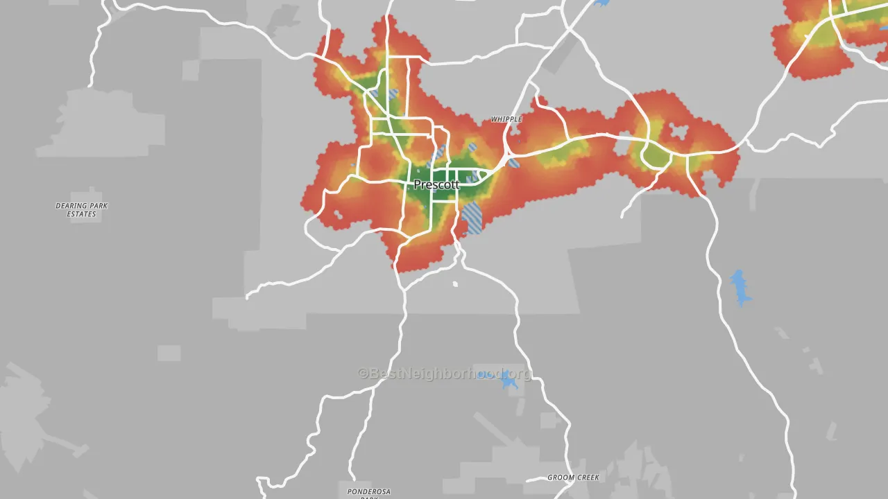 Walk Grade map of 86303, AZ, walkable areas in green and car-dependent areas in red