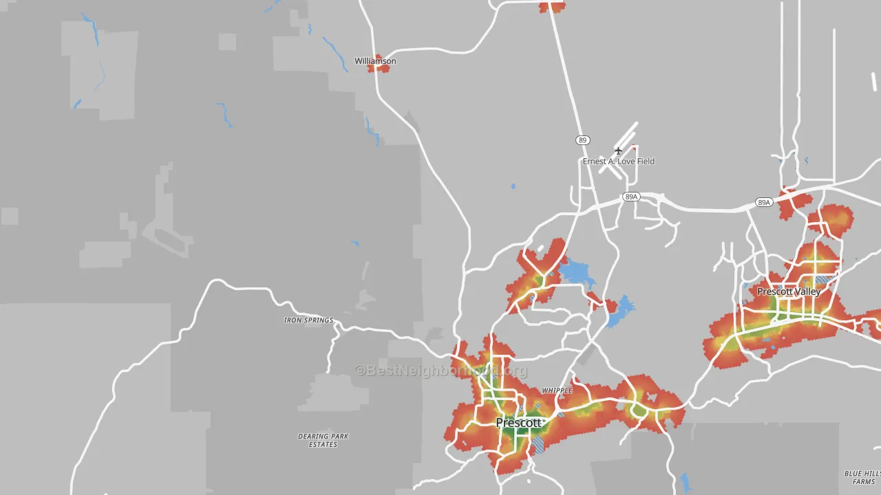 Walk Grade map of 86305, AZ, walkable areas in green and car-dependent areas in red