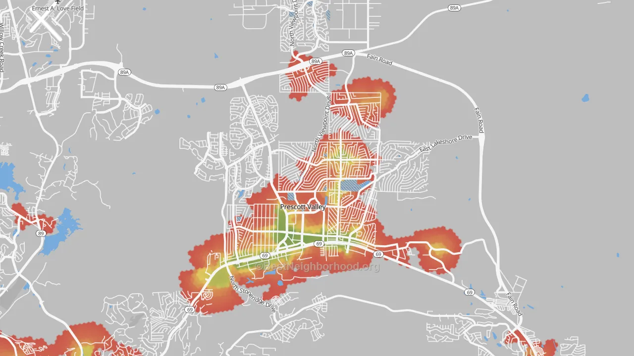 Walk Grade map of 86314, AZ, walkable areas in green and car-dependent areas in red