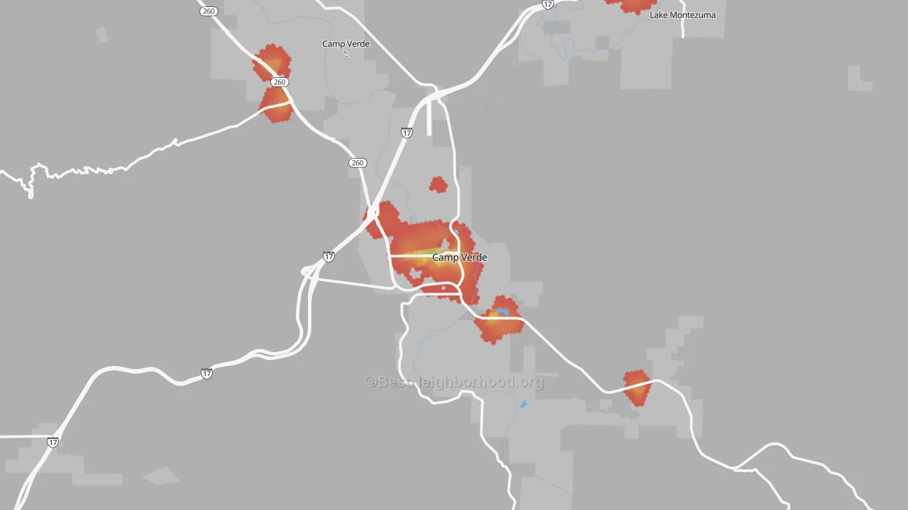 Walk Grade map of 86322, AZ, walkable areas in green and car-dependent areas in red