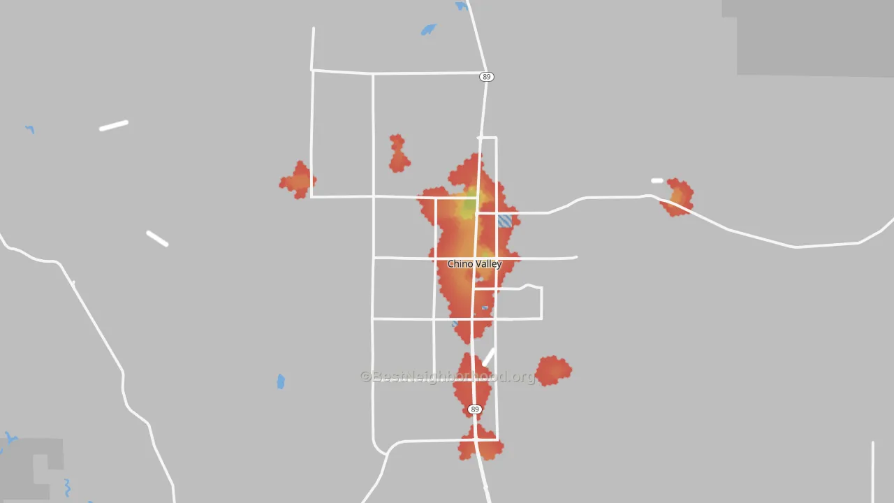 Walk Grade map of 86323, AZ, walkable areas in green and car-dependent areas in red