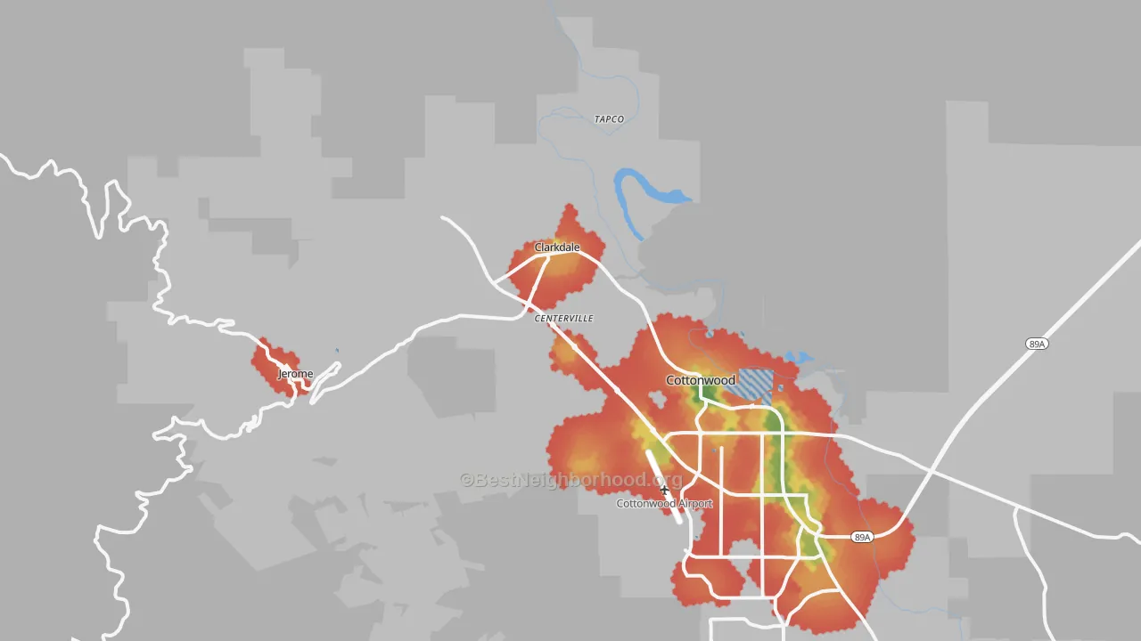 Walk Grade map of 86324, AZ, walkable areas in green and car-dependent areas in red