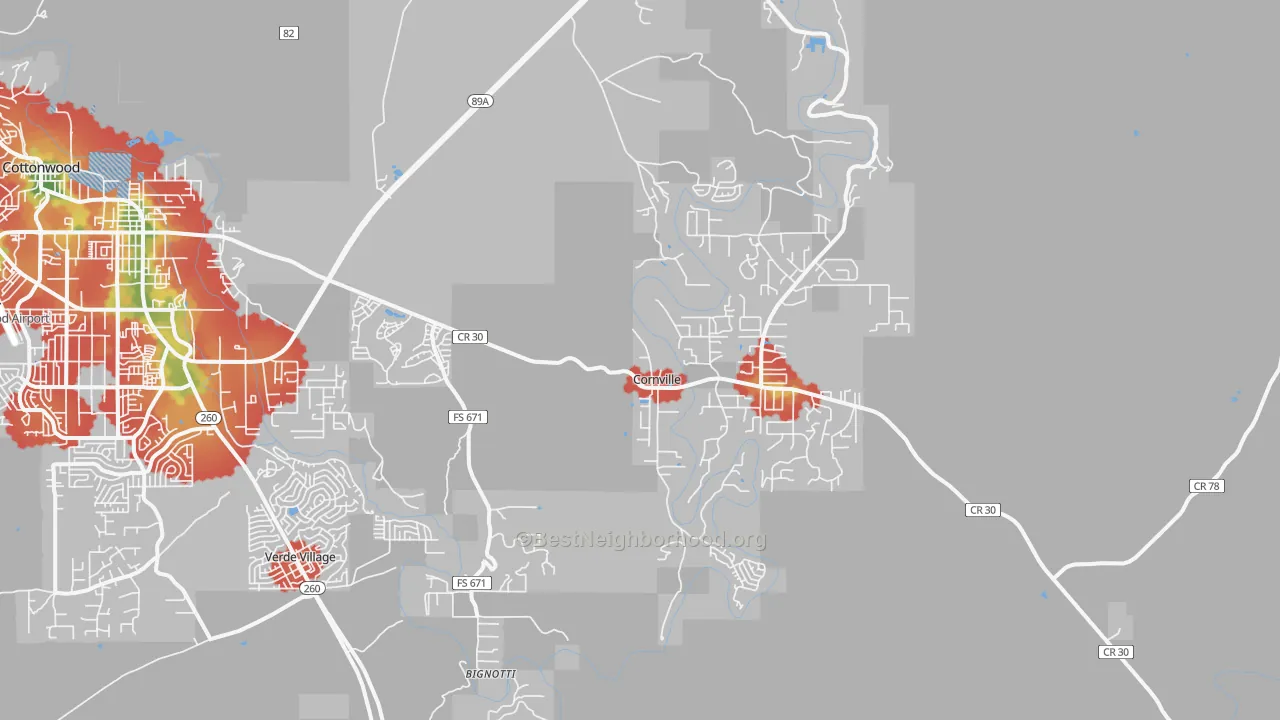 Walk Grade map of 86325, AZ, walkable areas in green and car-dependent areas in red