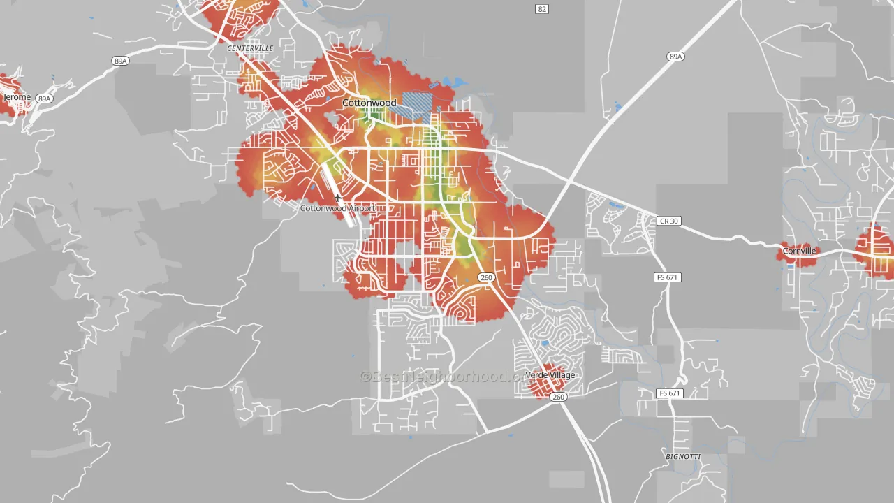 Walk Grade map of 86326, AZ, walkable areas in green and car-dependent areas in red