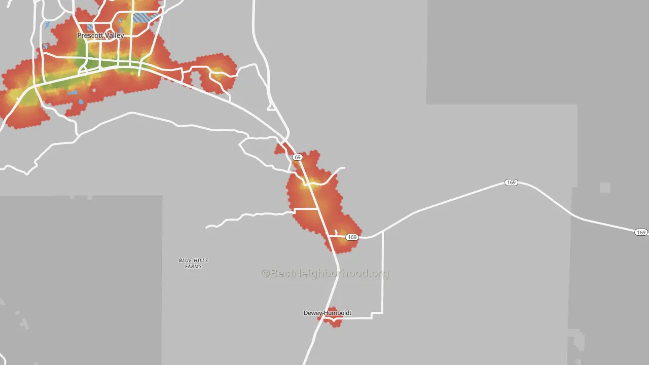 Walk Grade map of 86327, AZ, walkable areas in green and car-dependent areas in red