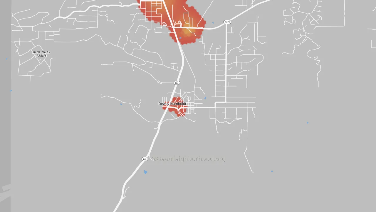 Walk Grade map of 86329, AZ, walkable areas in green and car-dependent areas in red