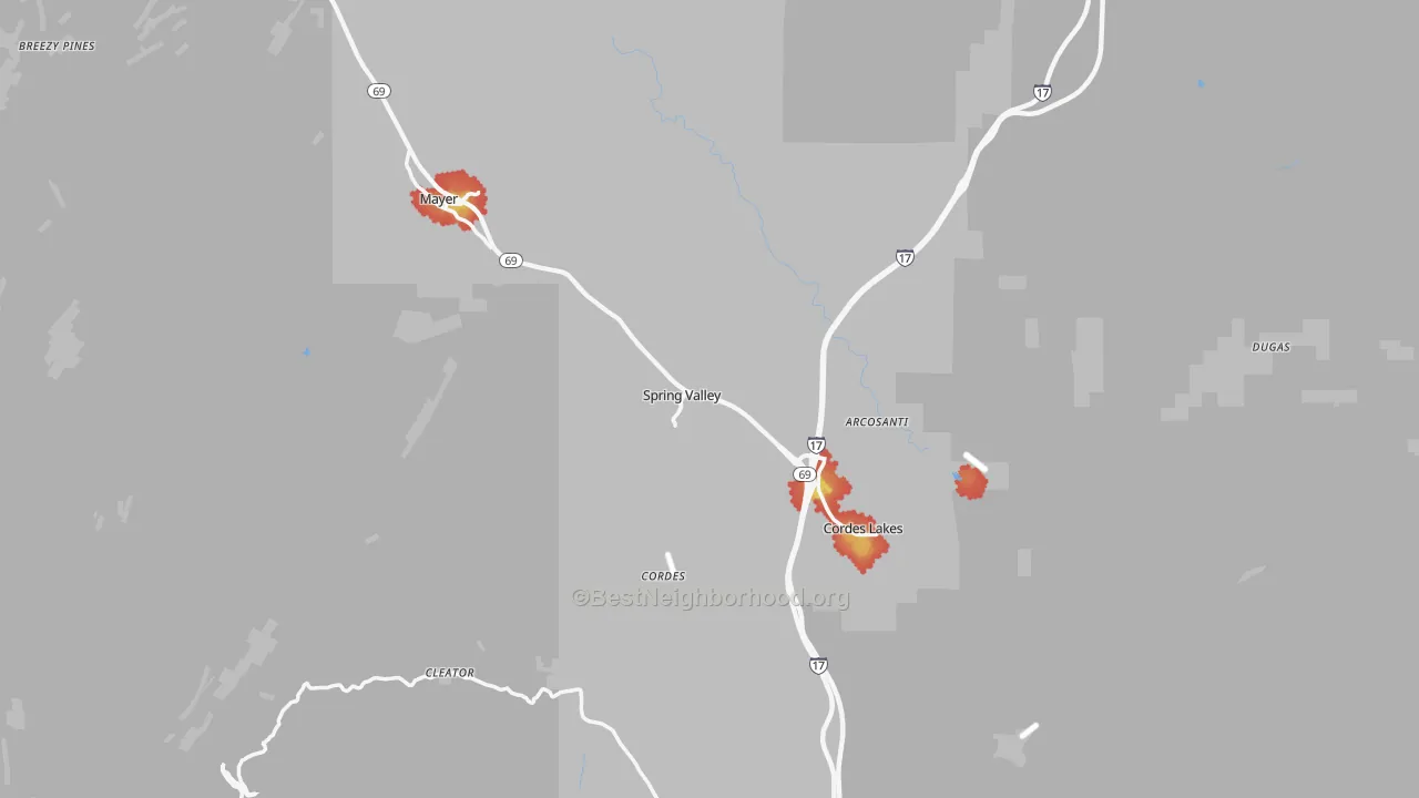 Walk Grade map of 86333, AZ, walkable areas in green and car-dependent areas in red