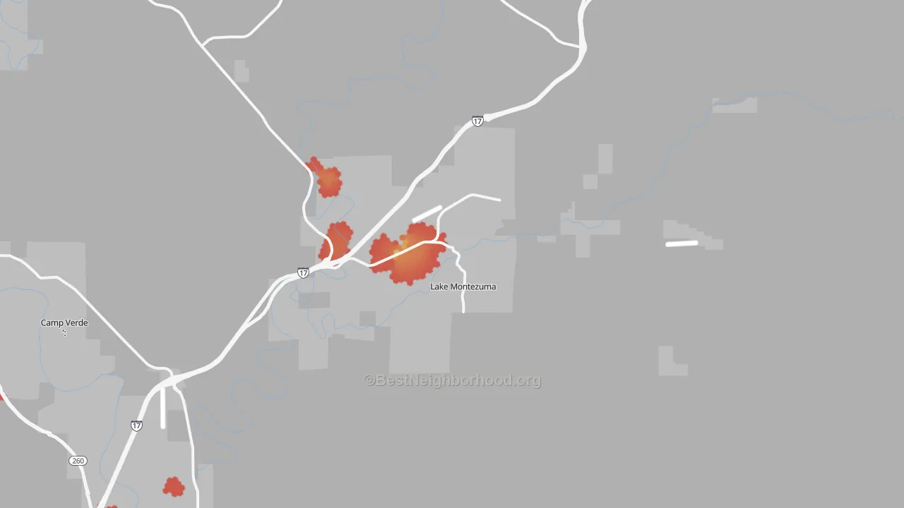 Walk Grade map of 86335, AZ, walkable areas in green and car-dependent areas in red