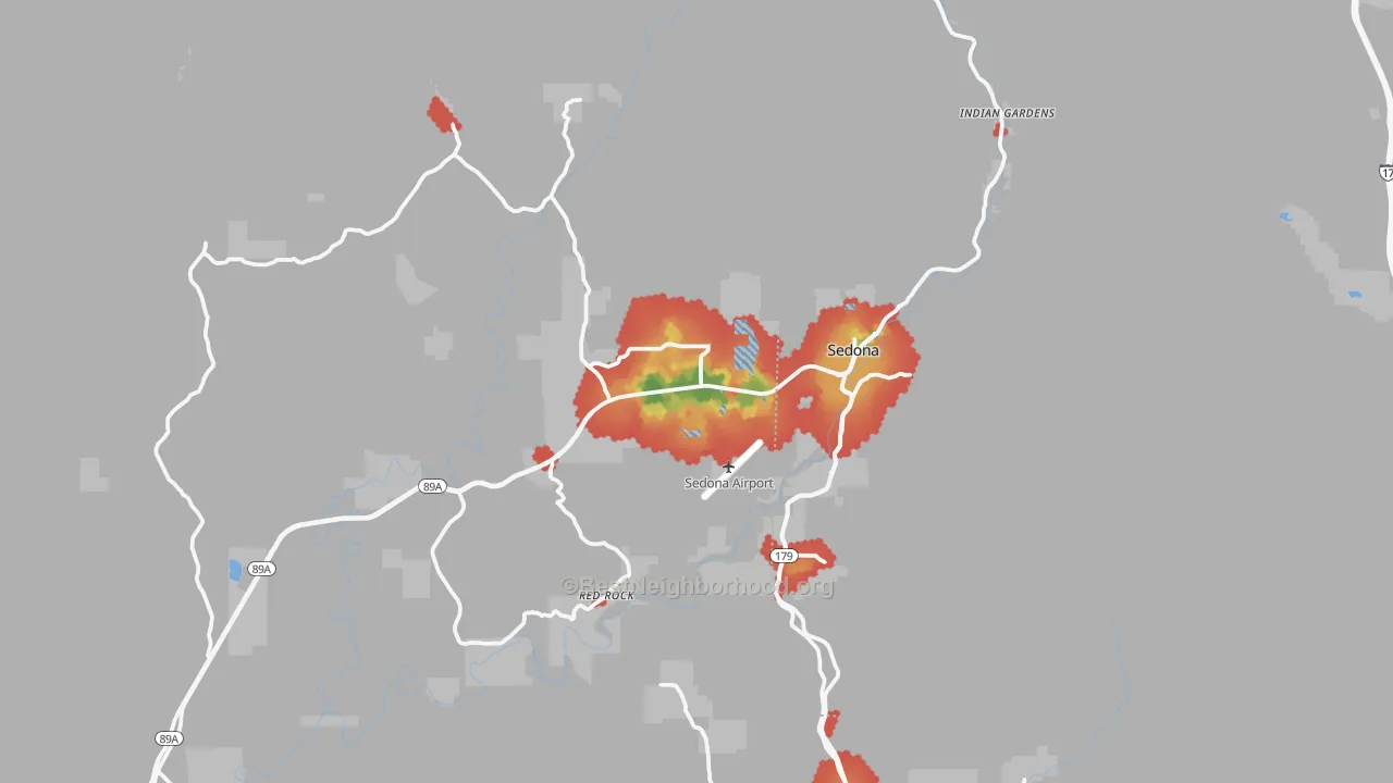 Walk Grade map of 86336, AZ, walkable areas in green and car-dependent areas in red