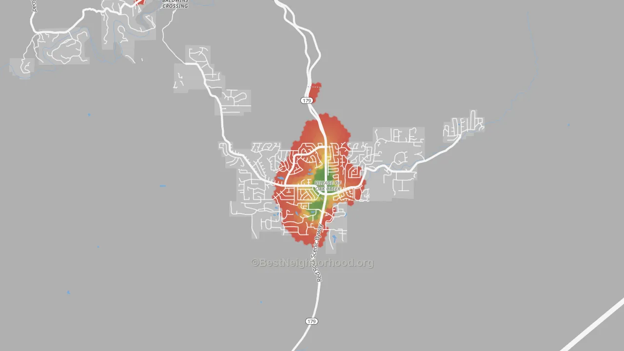 Walk Grade map of 86351, AZ, walkable areas in green and car-dependent areas in red