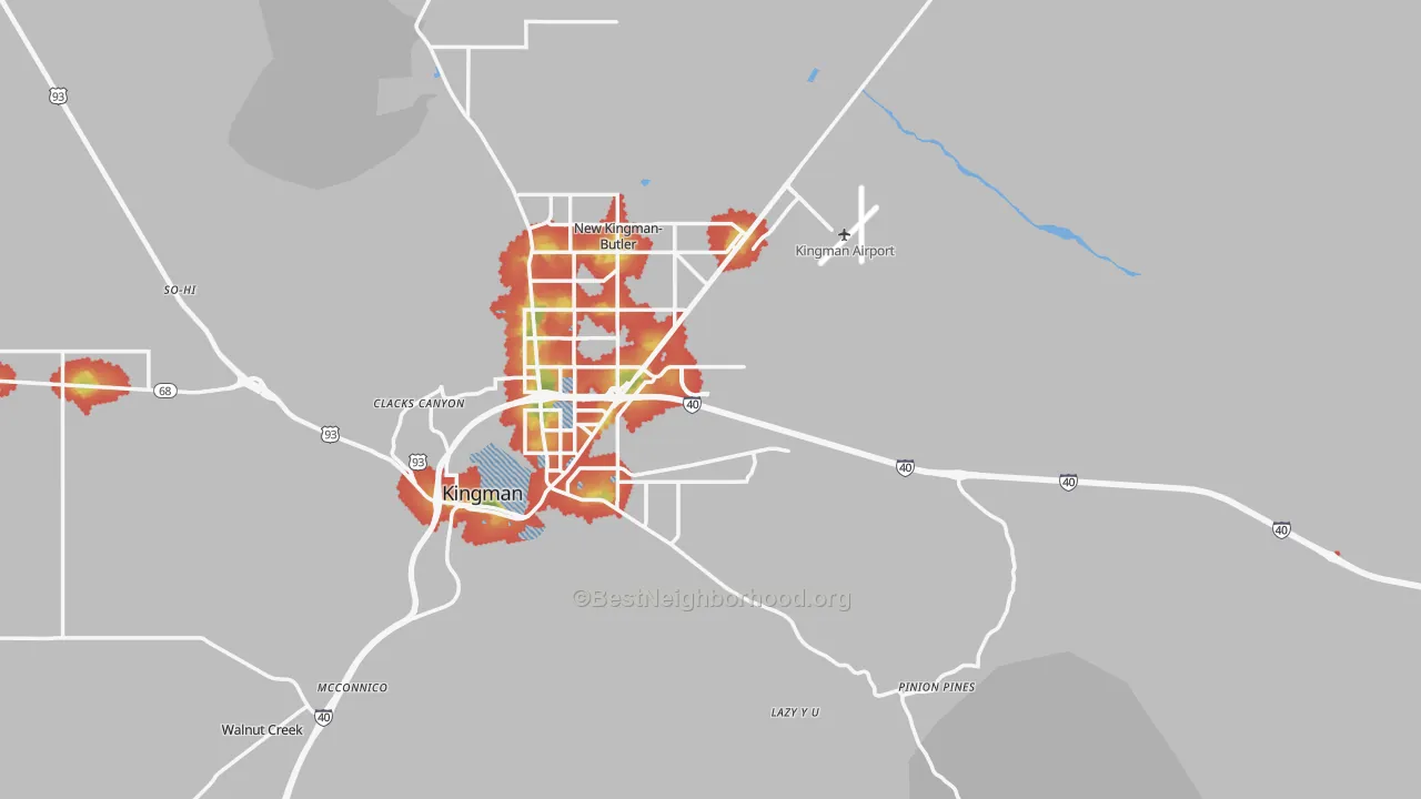 Walk Grade map of 86401, AZ, walkable areas in green and car-dependent areas in red
