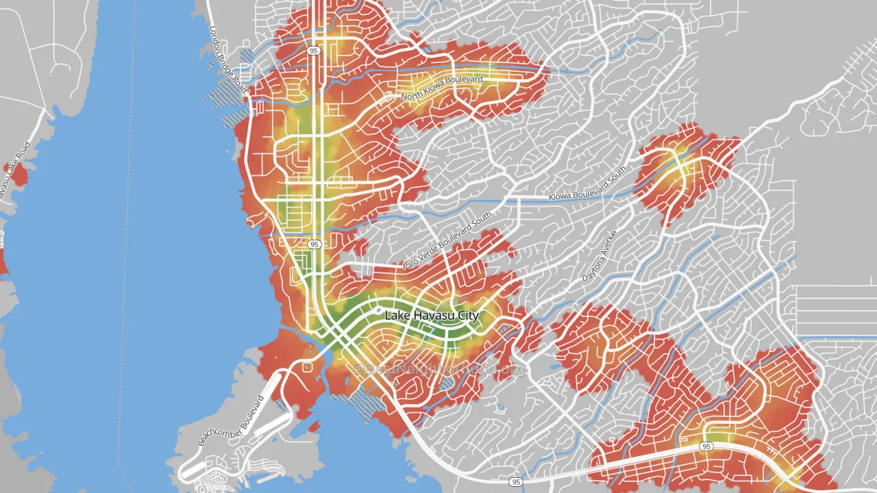 Walk Grade map of 86403, AZ, walkable areas in green and car-dependent areas in red