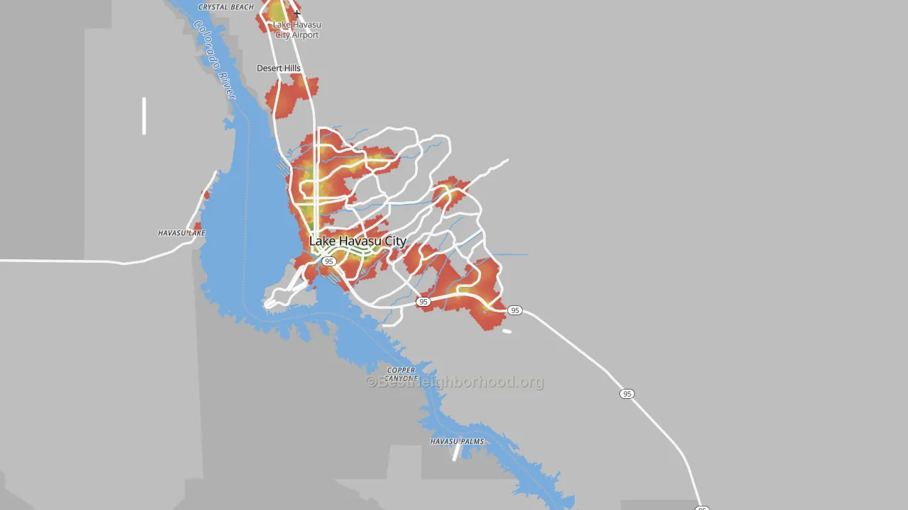 Walk Grade map of 86406, AZ, walkable areas in green and car-dependent areas in red