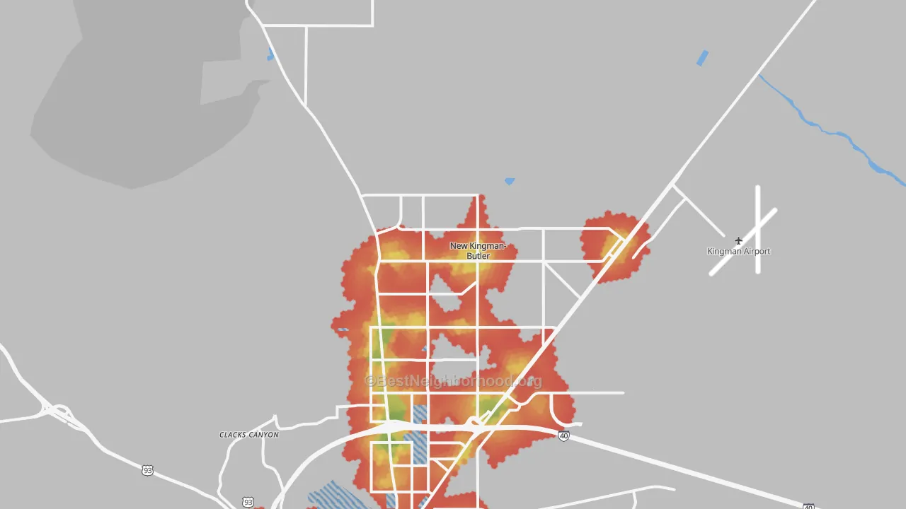 Walk Grade map of 86409, AZ, walkable areas in green and car-dependent areas in red