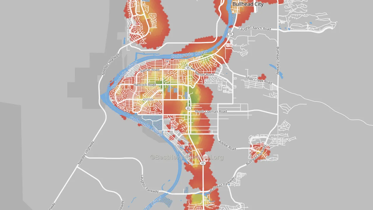 Walk Grade map of 86442, AZ, walkable areas in green and car-dependent areas in red