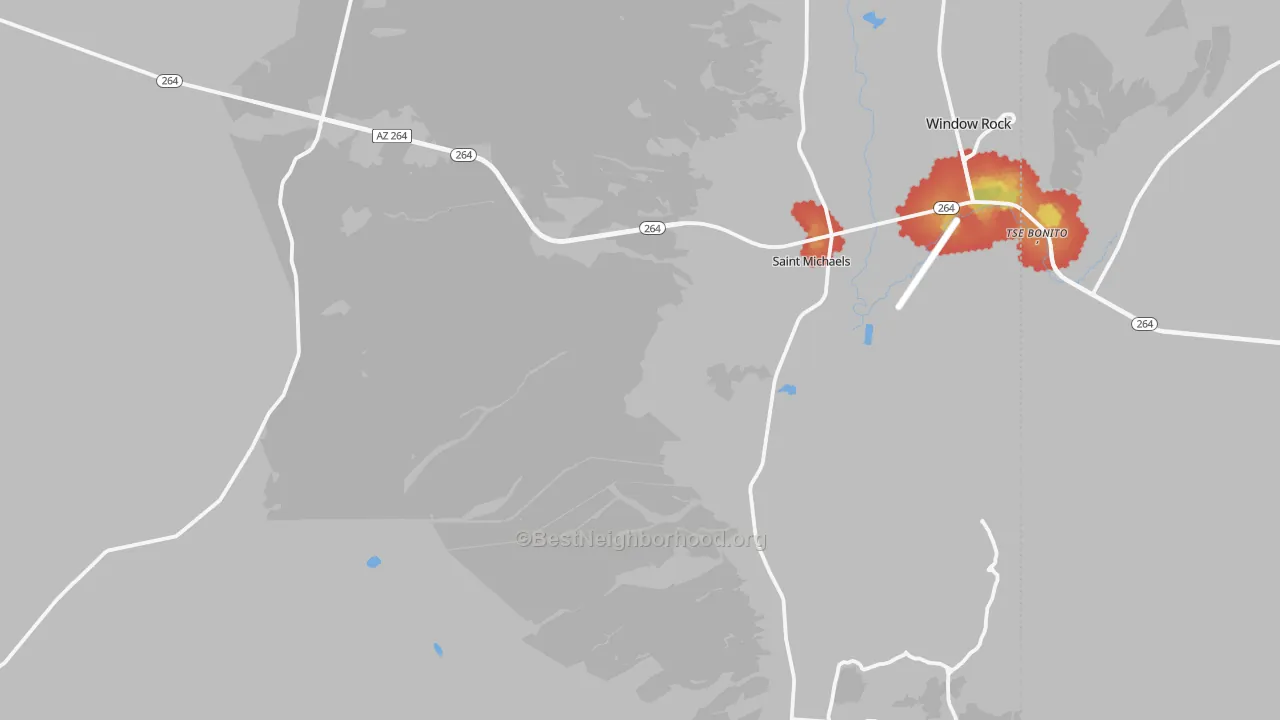 Walk Grade map of 86511, AZ, walkable areas in green and car-dependent areas in red