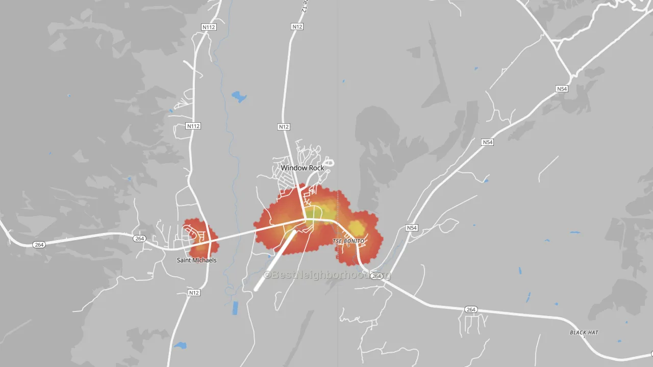 Walk Grade map of 86515, AZ, walkable areas in green and car-dependent areas in red