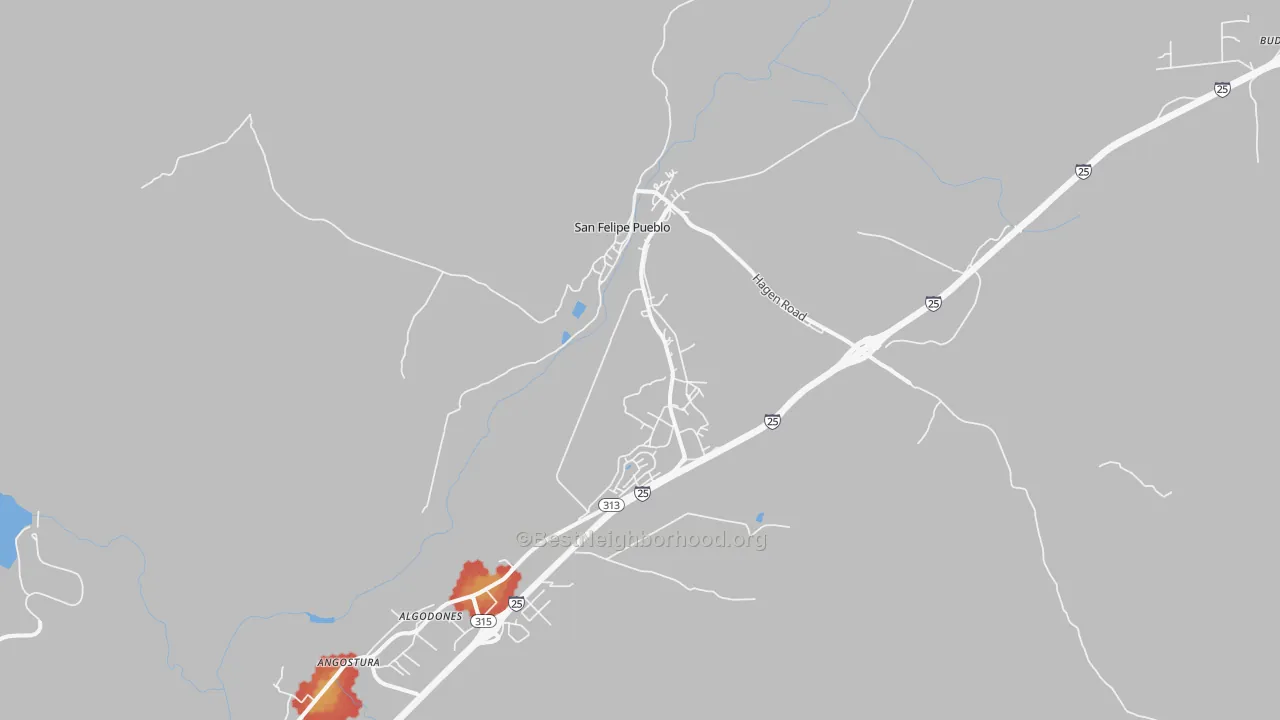 Walk Grade map of 87001, NM, walkable areas in green and car-dependent areas in red