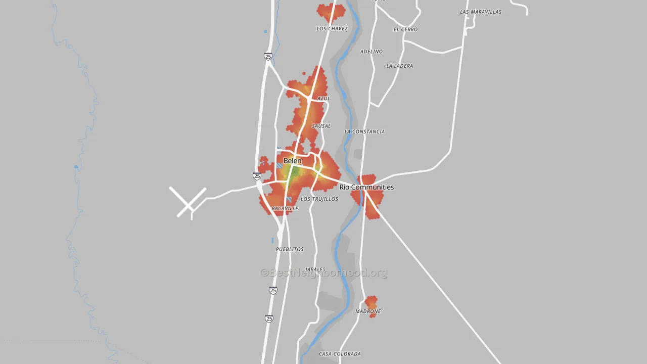 Walk Grade map of 87002, NM, walkable areas in green and car-dependent areas in red