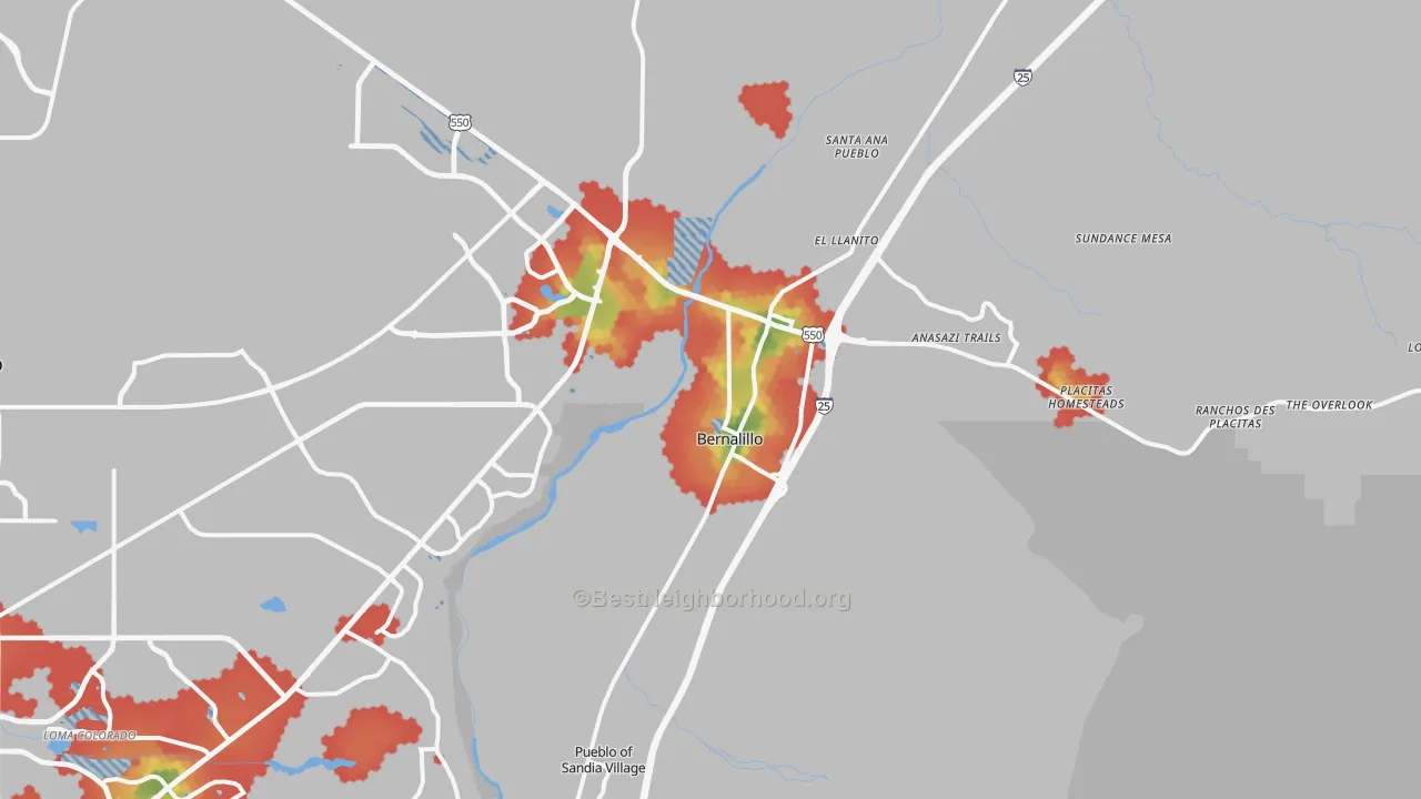 Walk Grade map of 87004, NM, walkable areas in green and car-dependent areas in red