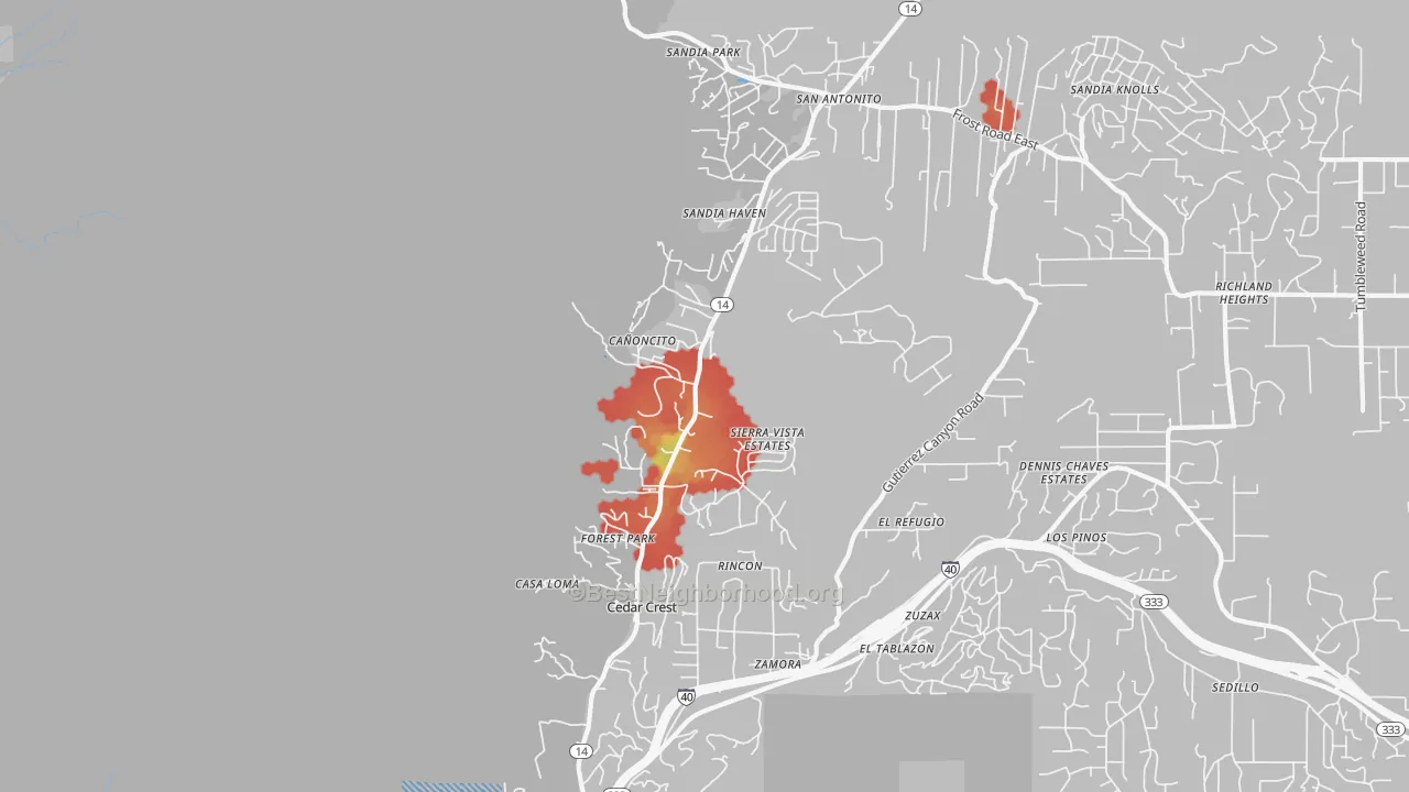 Walk Grade map of 87008, NM, walkable areas in green and car-dependent areas in red