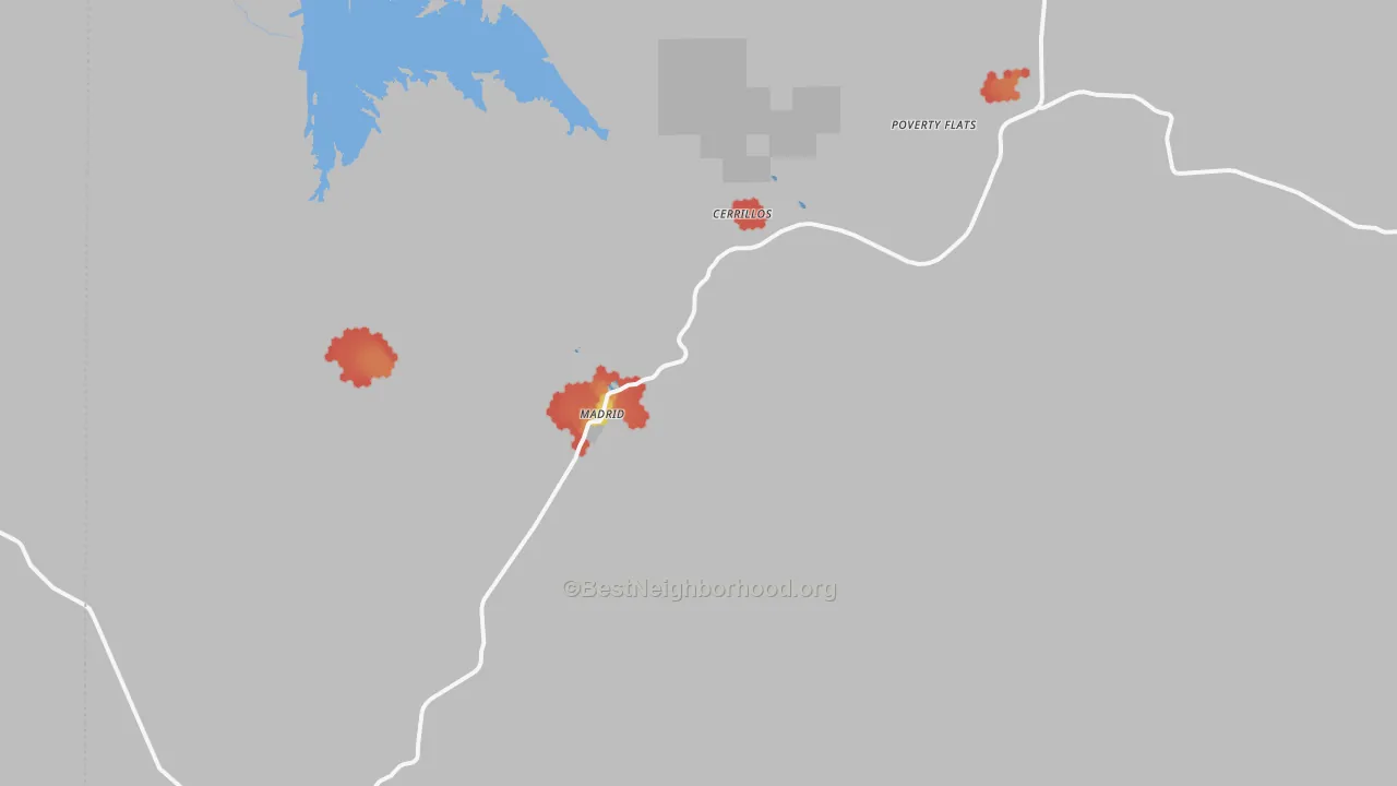 Walk Grade map of 87010, NM, walkable areas in green and car-dependent areas in red