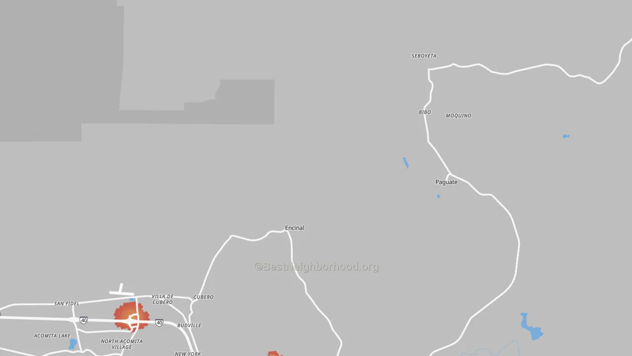 Walk Grade map of 87014, NM, walkable areas in green and car-dependent areas in red