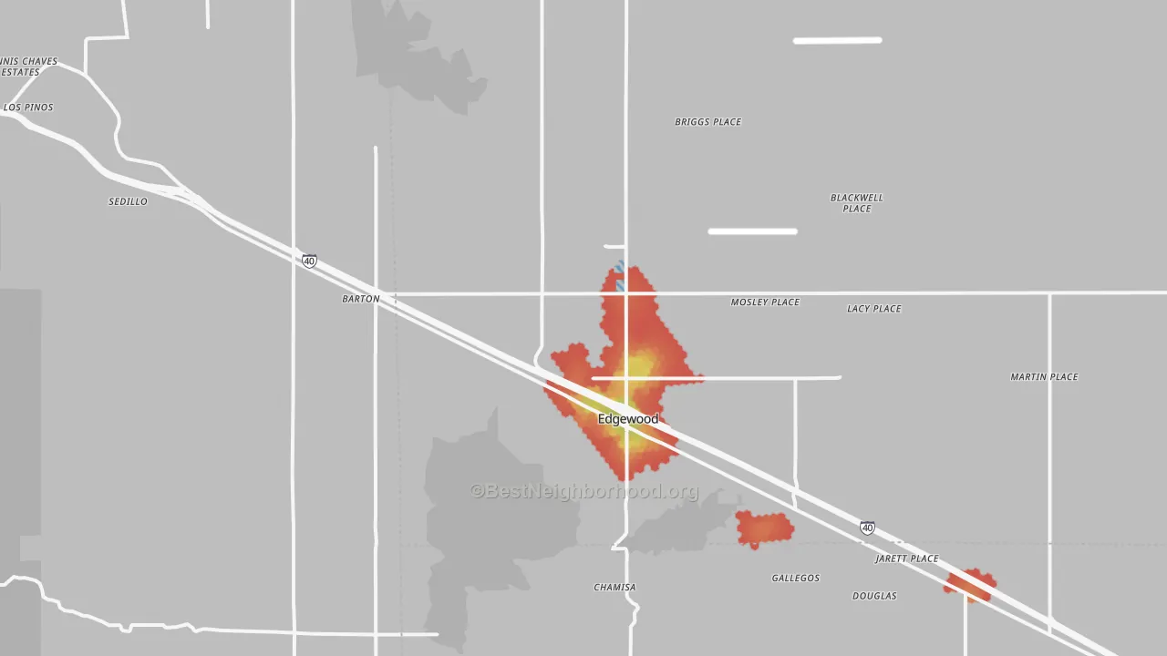 Walk Grade map of 87015, NM, walkable areas in green and car-dependent areas in red