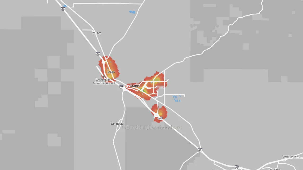 Walk Grade map of 87020, NM, walkable areas in green and car-dependent areas in red