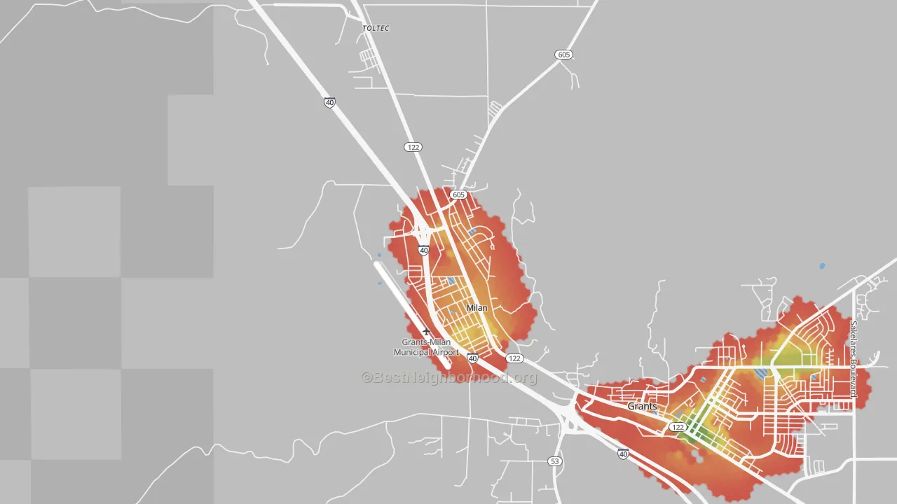 Walk Grade map of 87021, NM, walkable areas in green and car-dependent areas in red