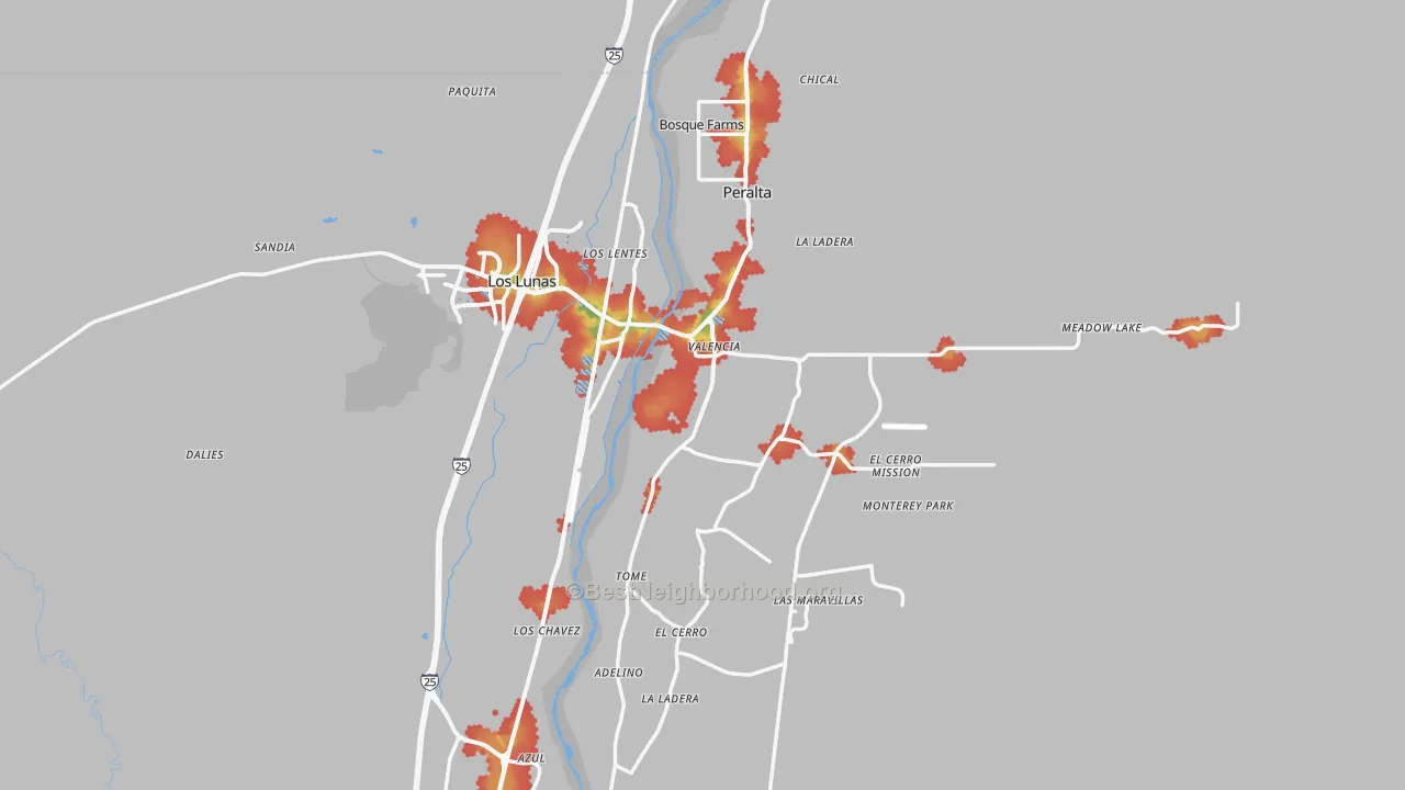 Walk Grade map of 87031, NM, walkable areas in green and car-dependent areas in red